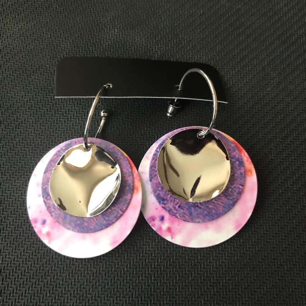 Pink and Purple Layered Disc Drop Earrings with Silver Accents